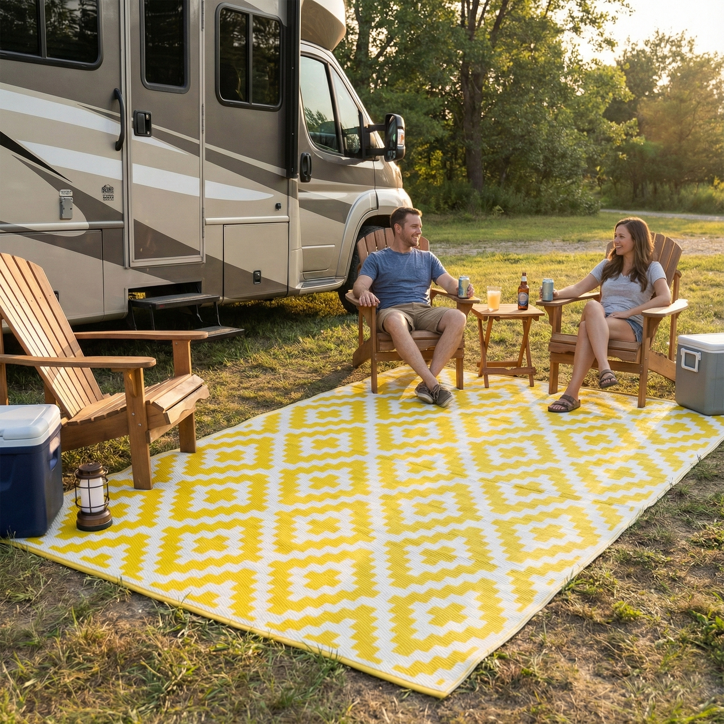 Lifestyle view of couple on yellow and white diamond foldable outdoor rug by camper van